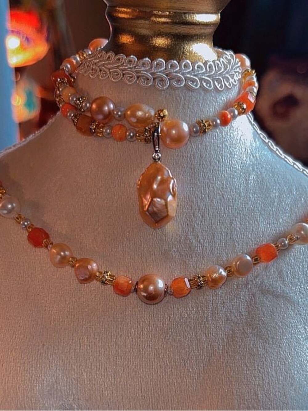 Handcrafted Champagne and Coral Pearl Beaded Necklace & Bangle Set